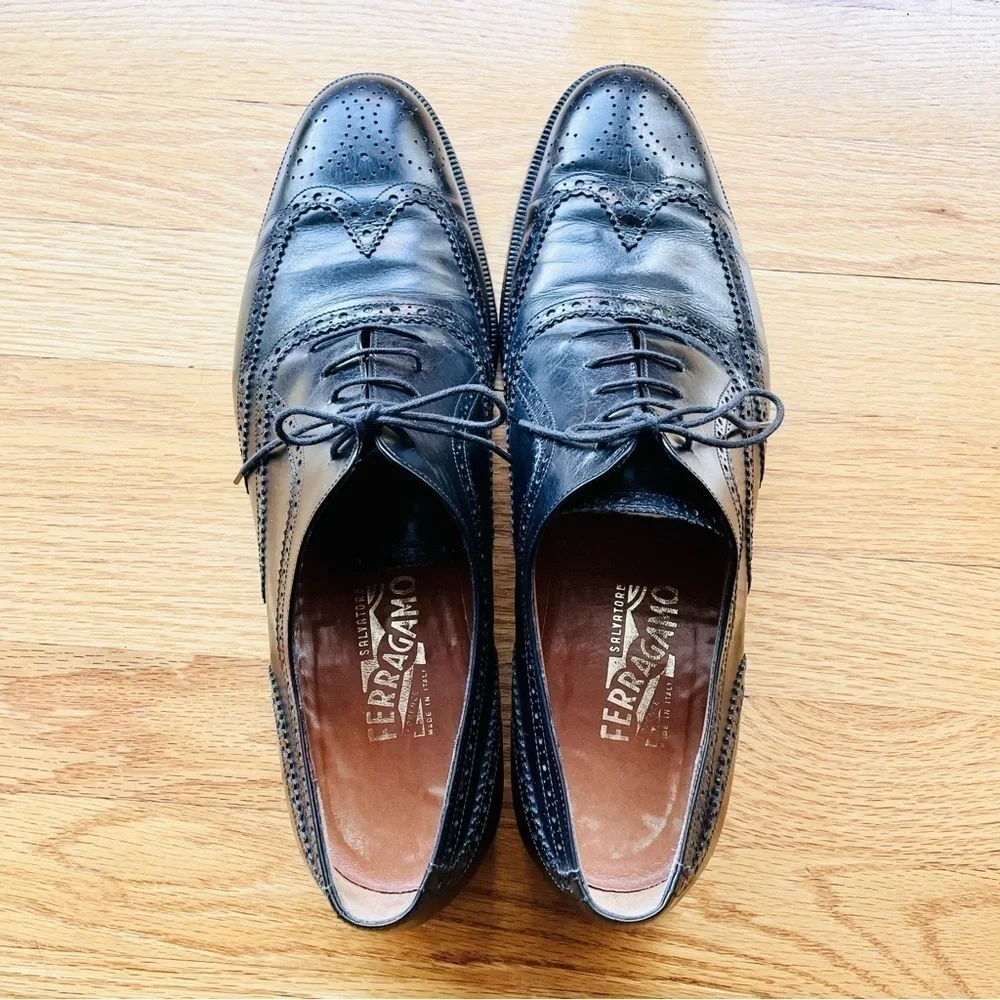 Salvatore Ferragamo Men's Oxfords 12B Black Leather Brogues Lace Up Vibram Soles